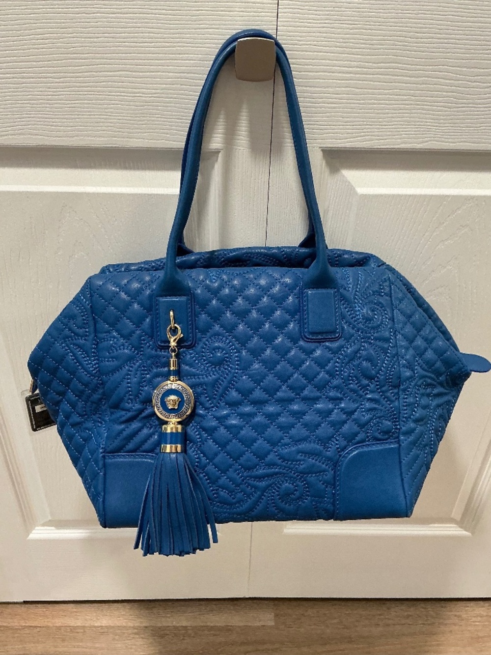 Gianni Versace Vanitas blue quilted leather handbag